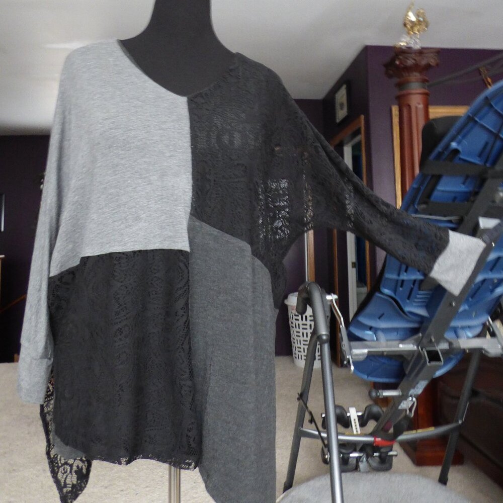 ARTISAN CRAFTED GOTH 80'S STYLE DOLMAN SLEEVE ASYMMETRICAL LACE TOP SHIRT XL